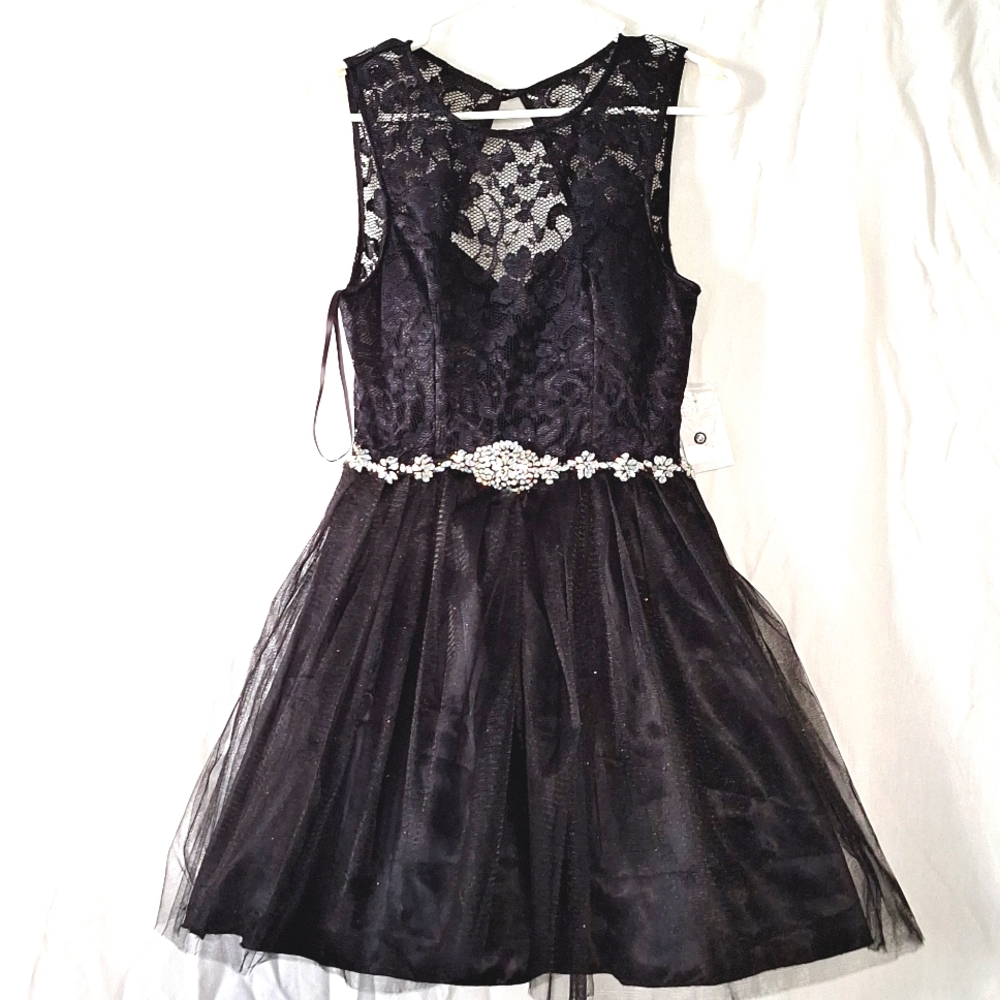Prom Formal Mini Dress, Black w. Sparkles, Beaded, Embroidered sz 7 Junior, NWT - Picture 1 of 16